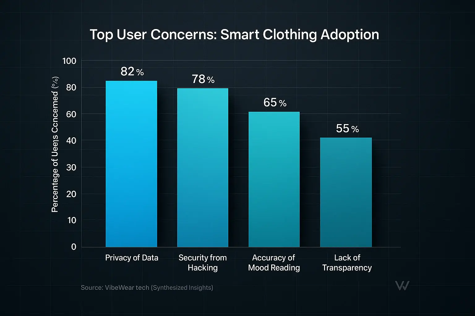 Bar chart: Top user trust concerns for smart clothing: Data Privacy (45%), Hacking Security (30%), Mood Accuracy (15%),