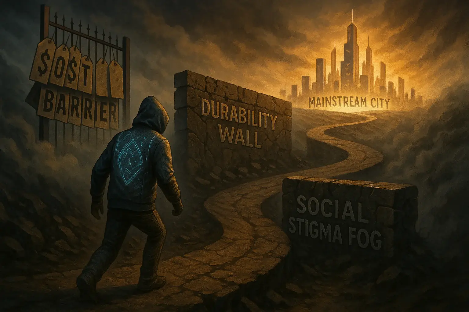 Stylized VibeWear navigates &#x27;Cost&#x27;, &#x27;Durability&#x27;, &#x27;Social Stigma&#x27; obstacles on a winding road to the glowing &#x27;Mainstream&#x27;