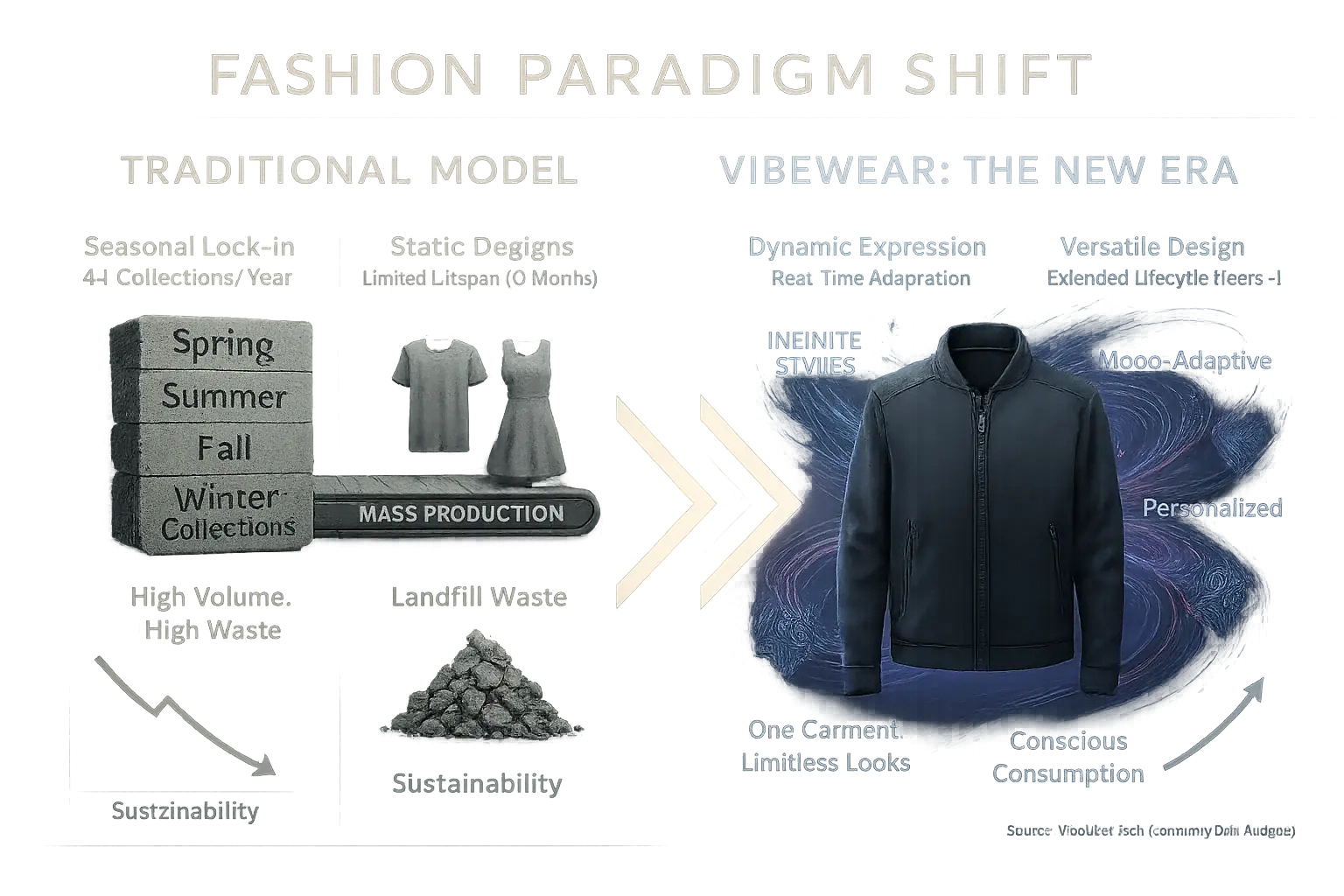 Infographic: 'Fashion Paradigm Shift.' Contrasts static fashion with VibeWear's dynamic, personalized, responsive model.