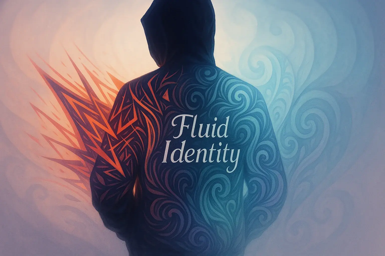 Silhouette's clothing shifts with flowing, abstract patterns; 'Fluid Identity' text underscores this evolving self.