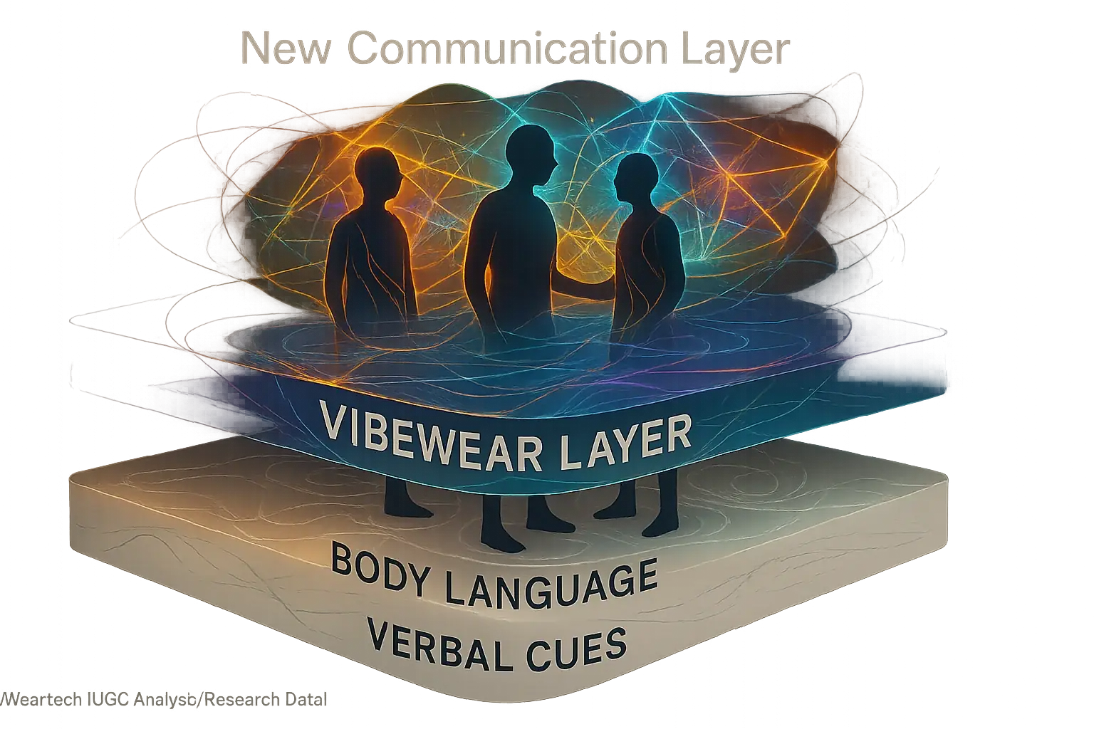 Abstract layered diagram: VibeWear's 'New Communication Layer' augments existing social cues.