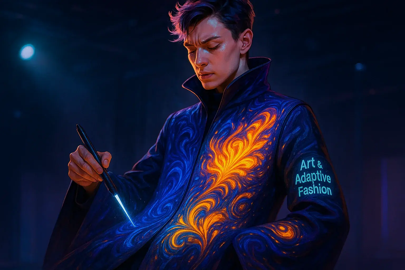 Artist paints vibrant, evolving art on a dynamic VibeWear E-Ink garment, a futuristic canvas. Text: Art & Adaptive Fashion.