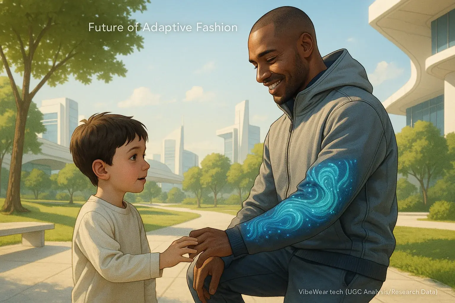 People in glowing adaptive wear walk through a futuristic cityscape towards a bright horizon. Text: Future of Adaptive