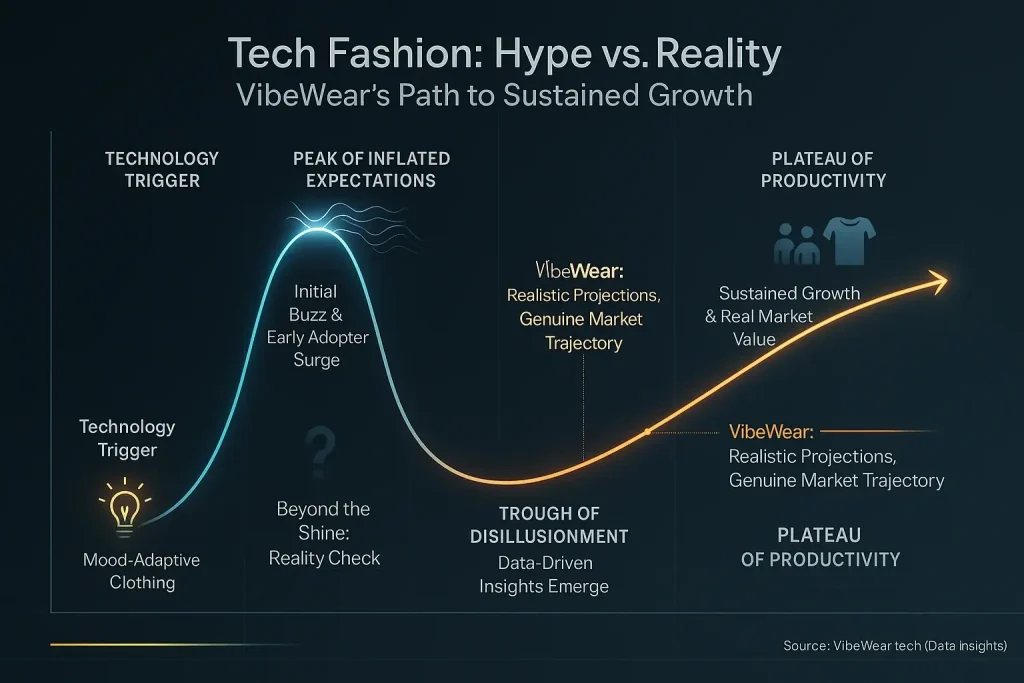 Infographic: Contrasting tech fashion's initial hype with VibeWear's realistic projection for sustained growth.