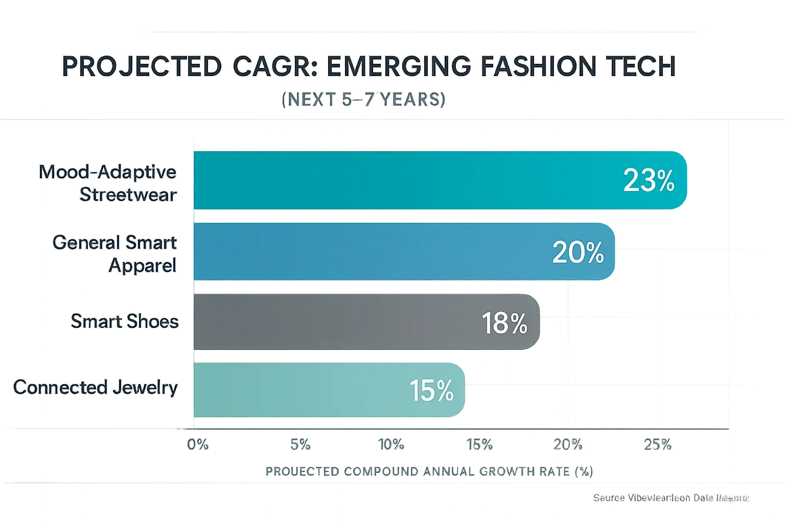 Bar chart: Mood-adaptive streetwear projects highest CAGR (25%) vs. smart shoes (18%), connected jewelry (15%) in fashion