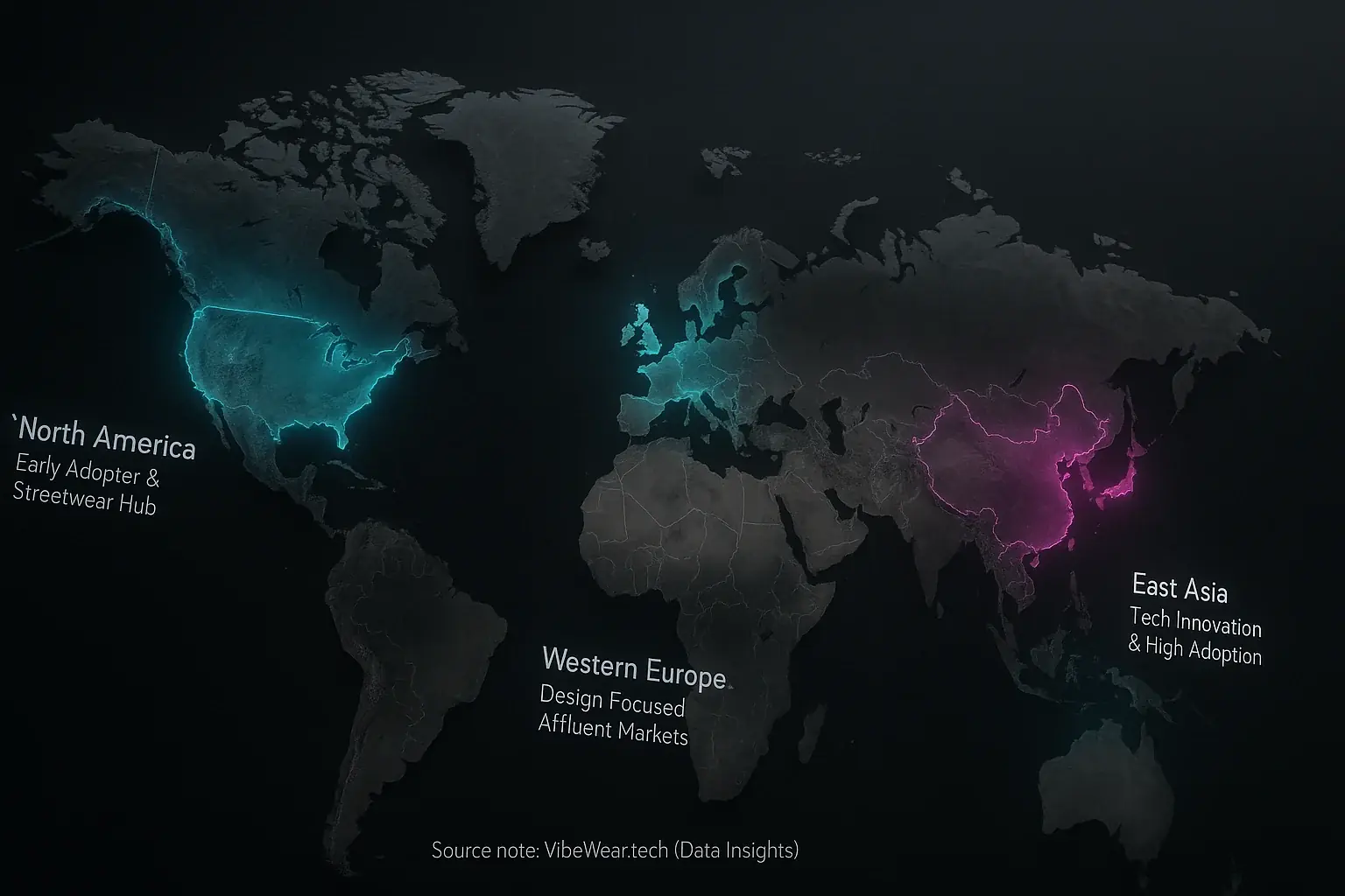 Stylized map highlights N. America (Tech-Savvy), E. Asia (Fashion Hub), W. Europe (Income) for mood-adaptive streetwear.