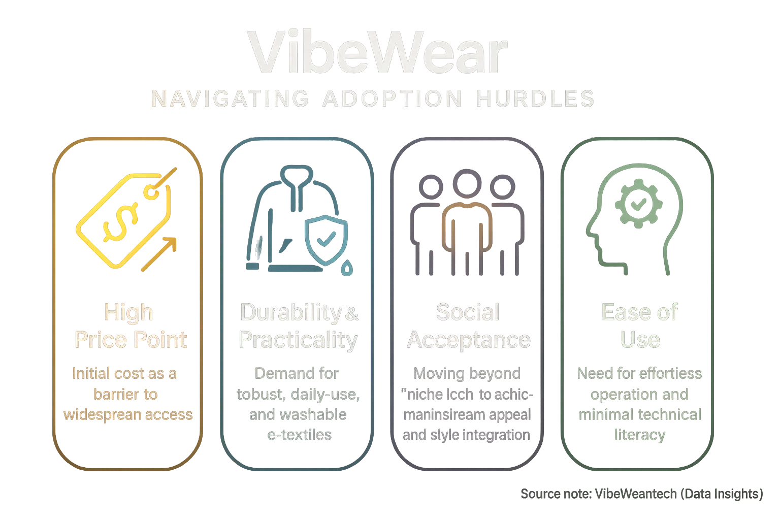 Infographic highlighting VibeWear's main adoption roadblocks: High Price, Durability, Social Acceptance, Ease of Use.
