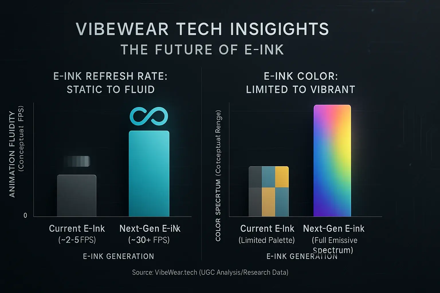 Bar chart: Next-gen E-Ink's projected major gains in video-ready refresh rates & full color vs. current limitations.