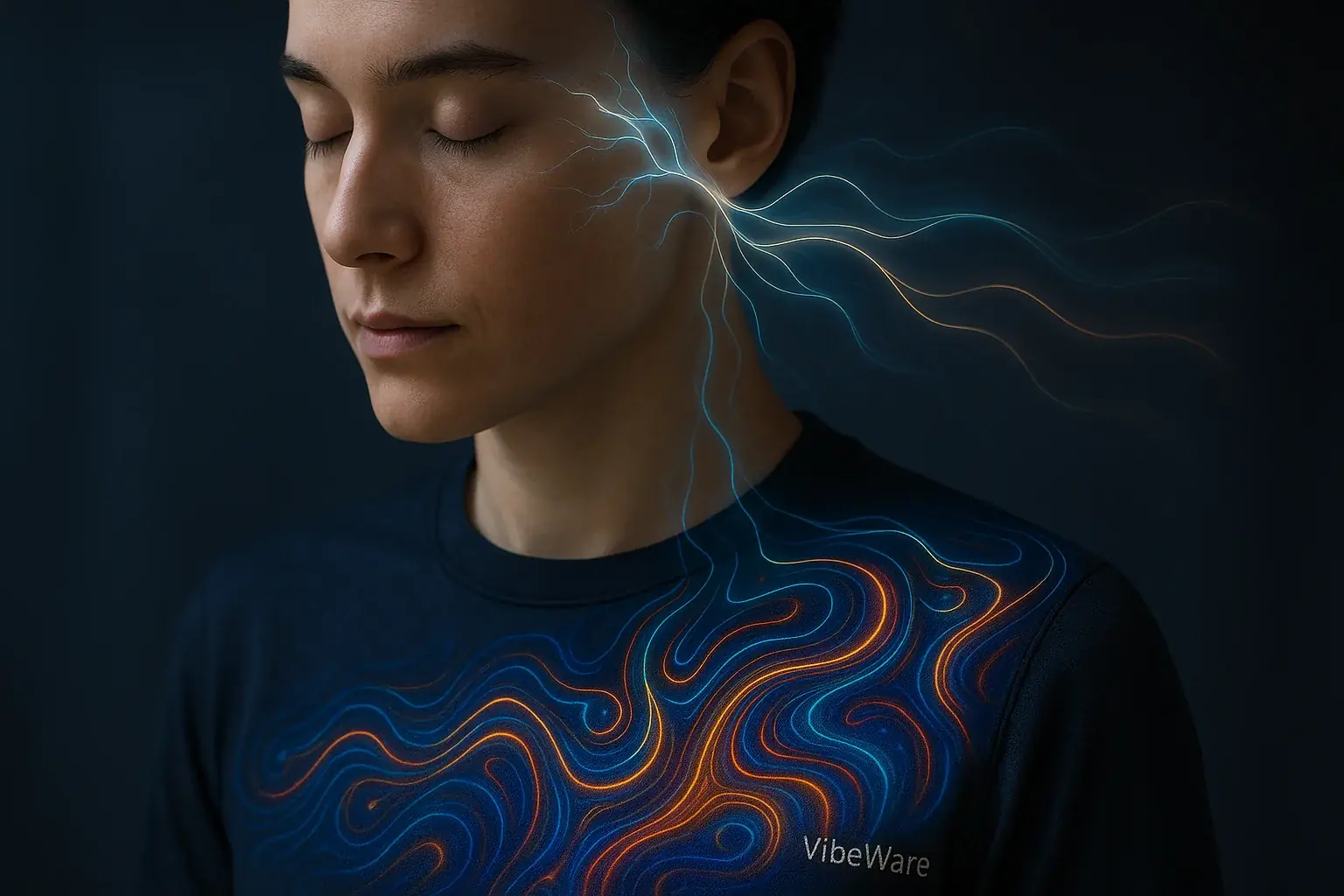Brainwaves visualized as abstract energy, directly shaping dynamic patterns on E-Ink clothing, linking mind to textile.