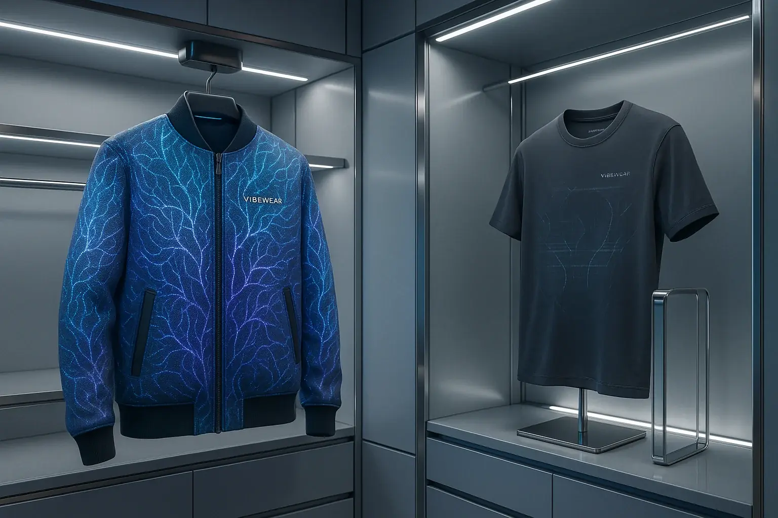Futuristic wardrobe: VibeWear's tech-integrated garments glow with dynamic patterns, heralding fashion's next evolution.