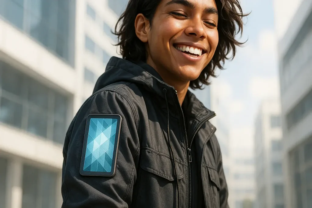 Person proudly wears a streetwear jacket with VibeWear's stylish, glowing E-Ink patch: an innovative wearable display.