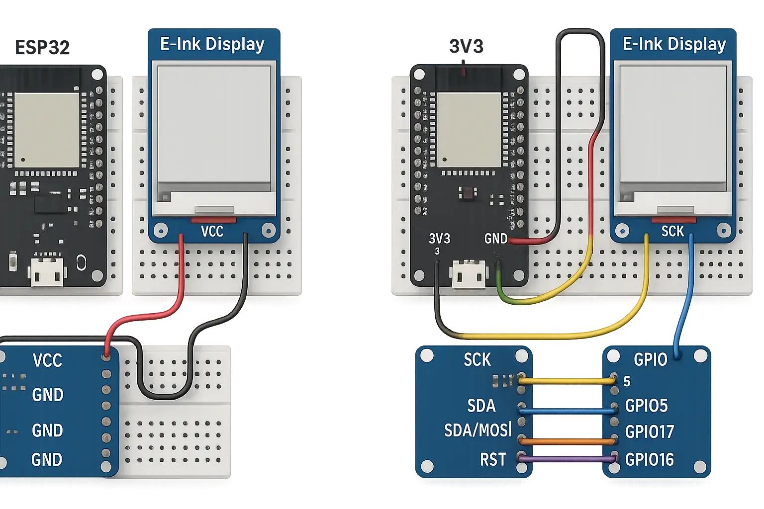 Step-by-step wiring: E-Ink display to microcontroller on breadboard with jumper wires. VibeWear hardware assembly.