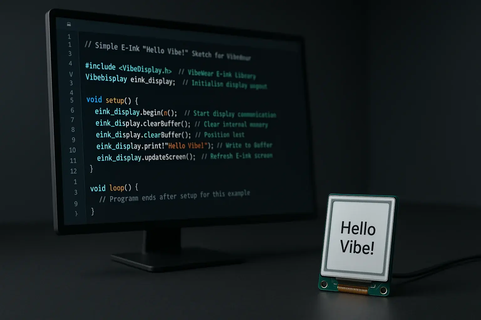 E-Ink code snippet on screen brings 'Hello Vibe!' to life on a physical E-Ink display, a successful first upload.