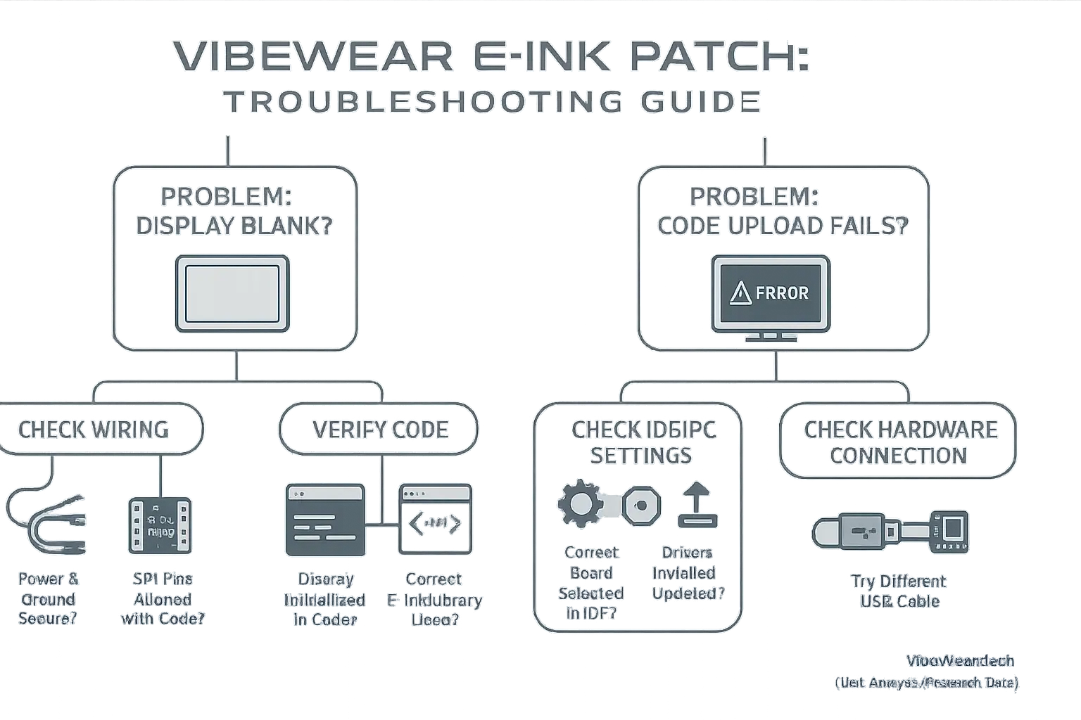 Flowchart with icons guiding E-Ink display troubleshooting from problem to cause and solution.