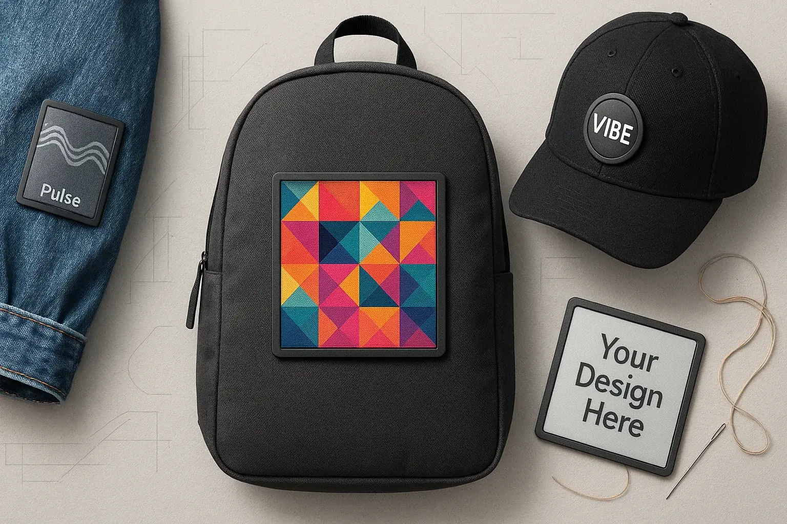 Diverse E-Ink patches customized with patterns, colors, integrated into backpack, hat, sleeve, inspiring VibeWear