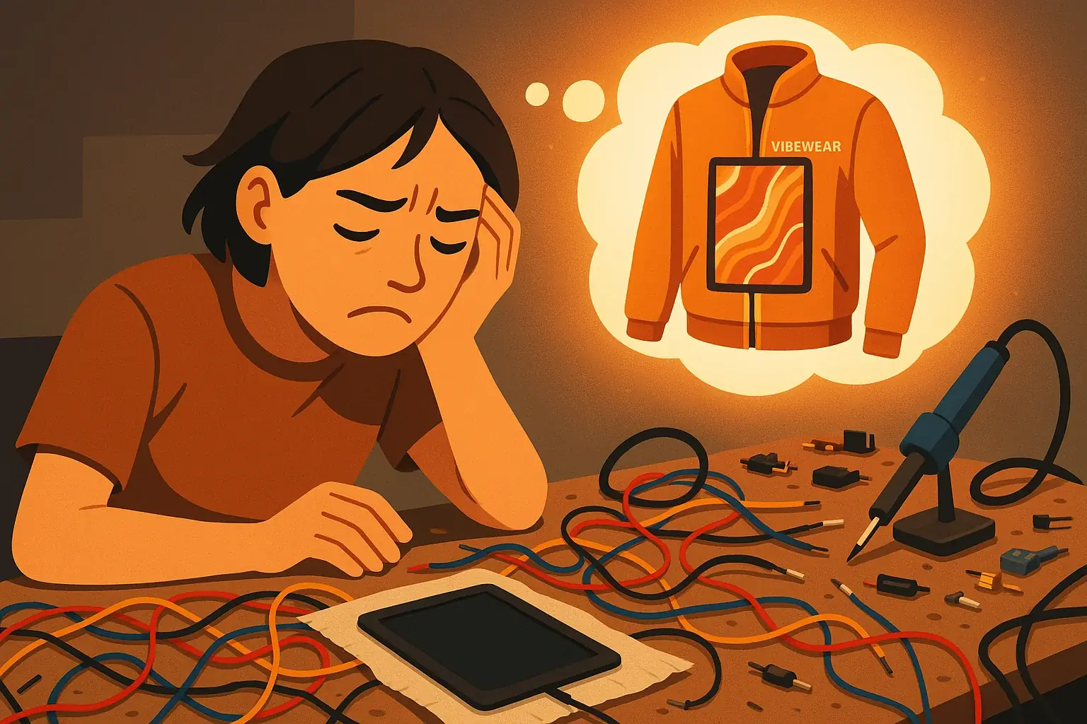 Frustrated maker with tangled wires, dead E-Ink display; thought bubble shows a perfect, glowing VibeWear success.