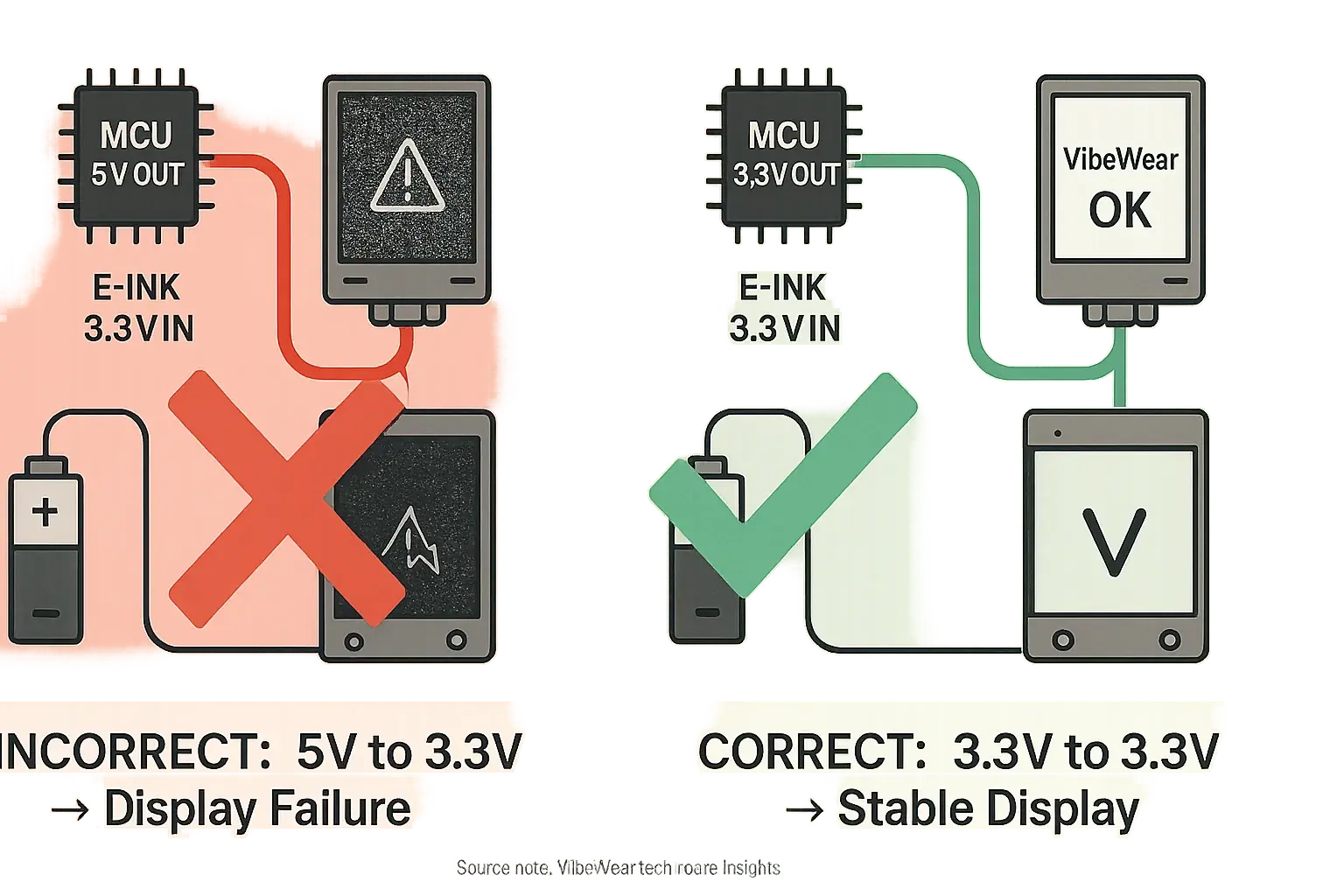 Diagram: Incorrect E-Ink & MCU wiring causes flicker; correct wiring yields a bright, stable display.