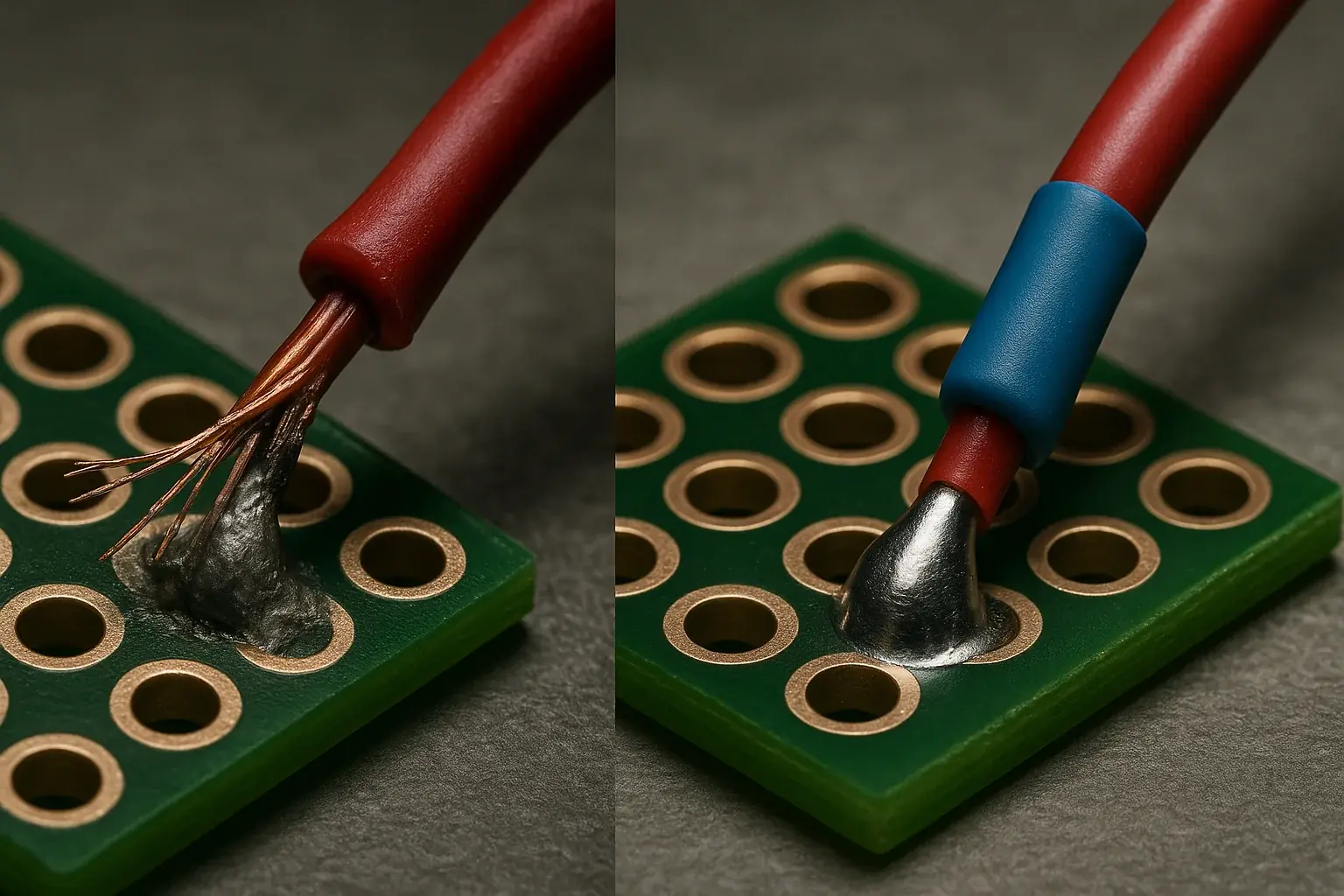 Side-by-side: fragile, frayed VibeWear connection vs. durable, neatly soldered, heat-shrunk, reinforced one.