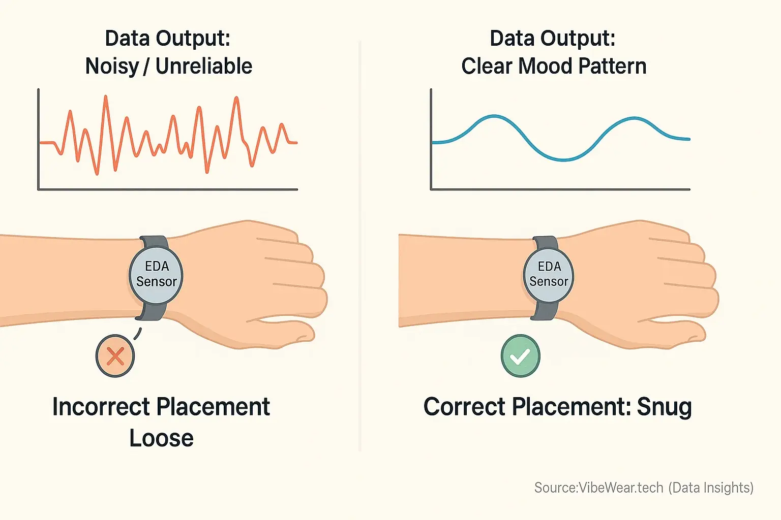Diagram contrasting arm sensor placements: incorrect yields noisy/flat data, correct yields clear mood waves.