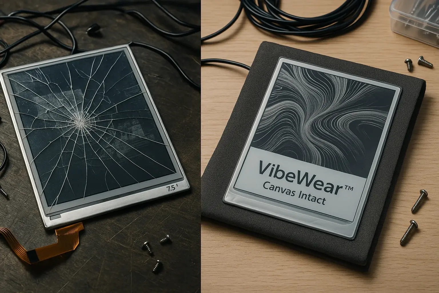 Side-by-side: a fragile, cracked E-Ink display and a robust, protected E-Ink display, highlighting durability.