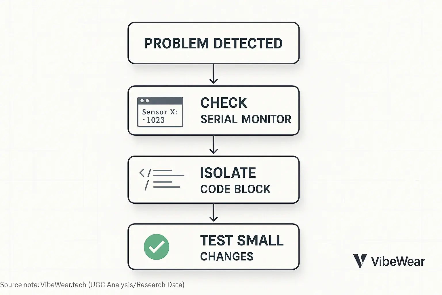 VibeWear code debugging flowchart: Problem Detected -> Check Serial Monitor -> Isolate Code Block -> Test Small Changes.
