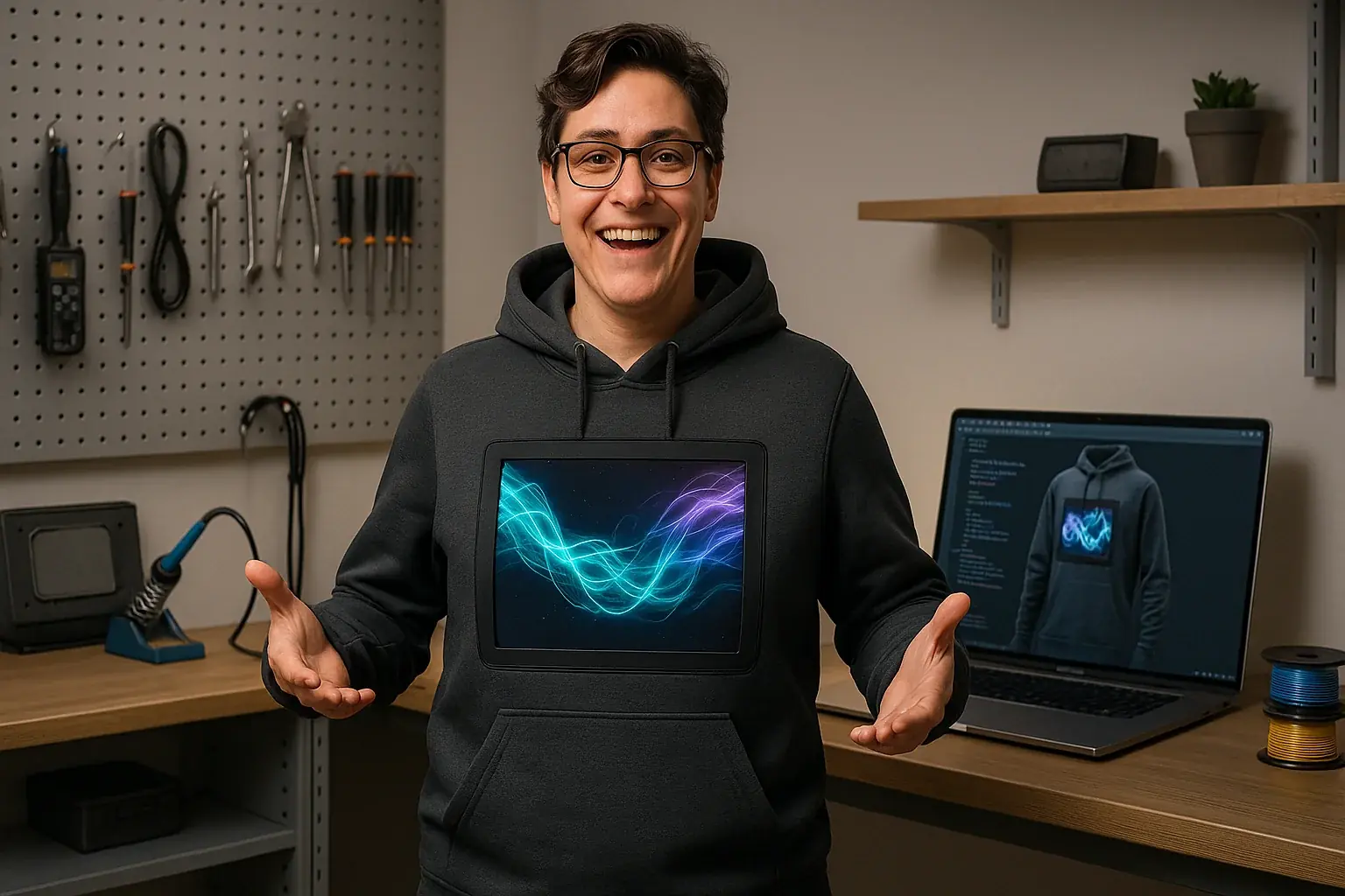 Confident maker proudly displays their VibeWear E-Ink hoodie, a triumph of mastering the build.