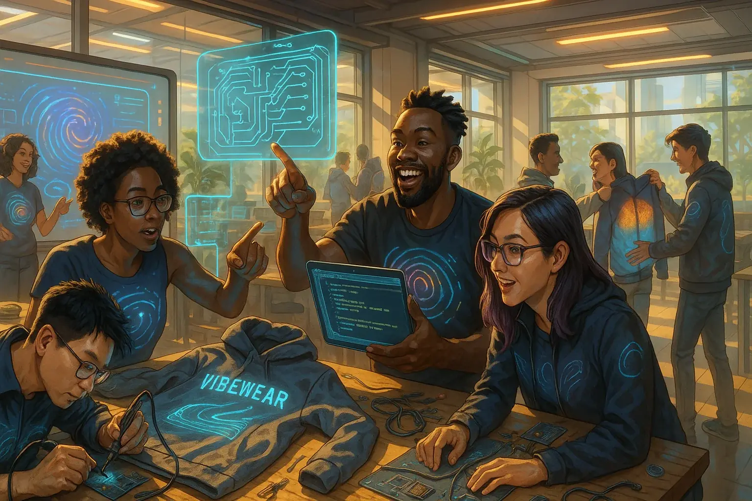 Diverse makers collaborating on VibeWear projects in a futuristic hub, sharing tools & ideas, fueling innovation.