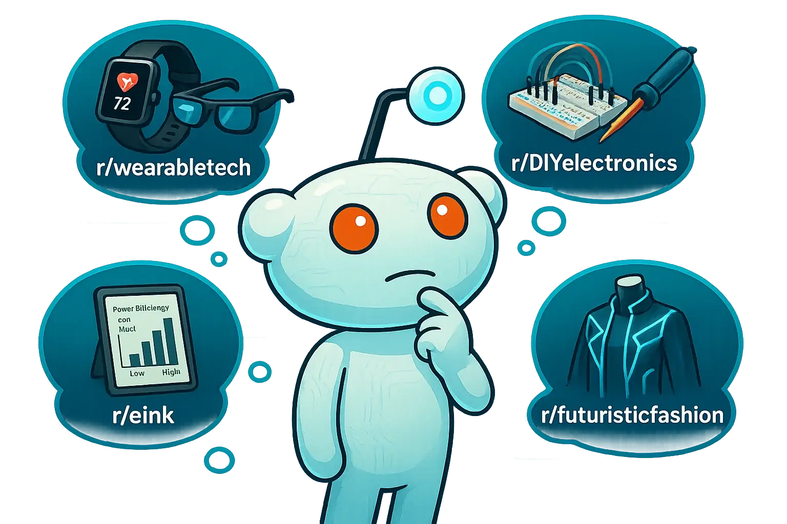 Stylized Reddit icon; thought bubbles show subreddits (e.g. r/wearabletech) for discussion on wearable tech & DIY fashion.