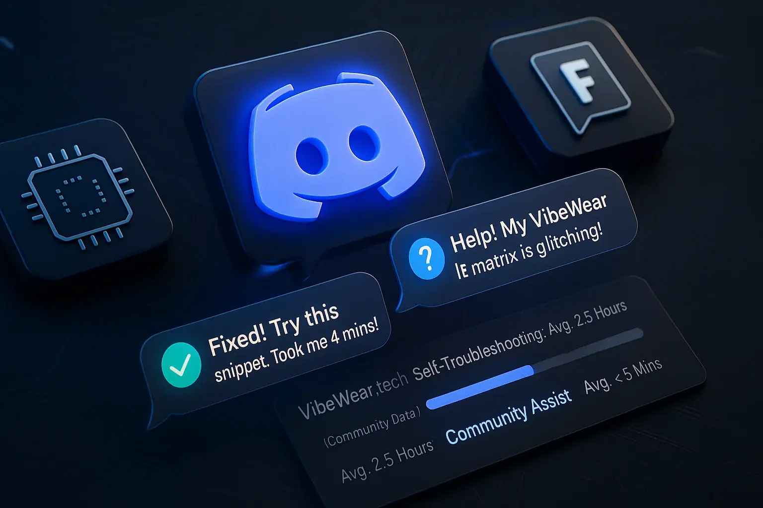 Stylized Discord & forum icons with speech bubbles foster makers' quick, real-time connections & collaborative
