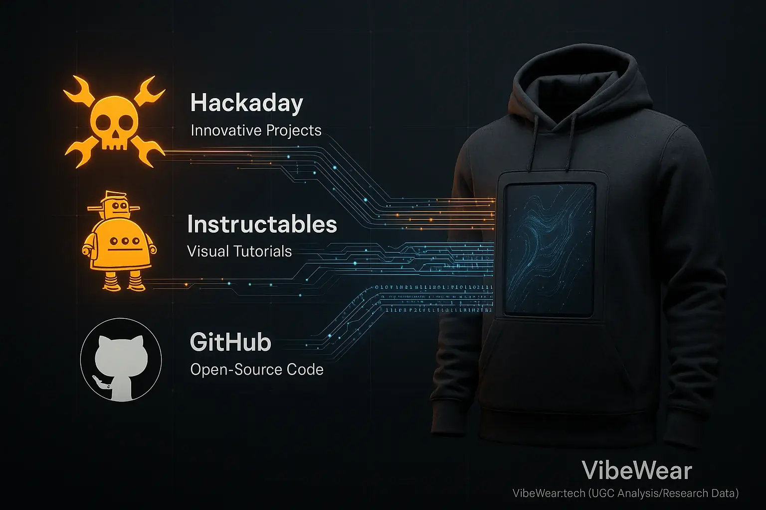 Hackaday, Instructables, GitHub icons with arrows pointing to a VibeWear garment, symbolizing open-source learning inspiring