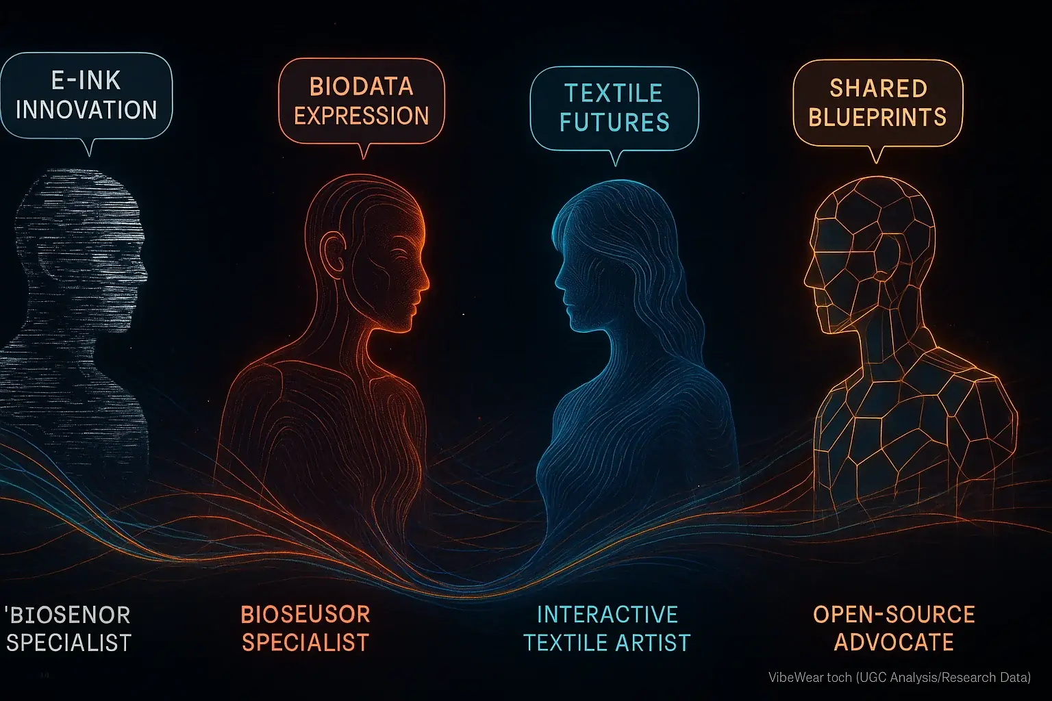 Stylized avatars of diverse fashion tech influencers networked, sharing cutting-edge insights & inspiration on DIY wearables.