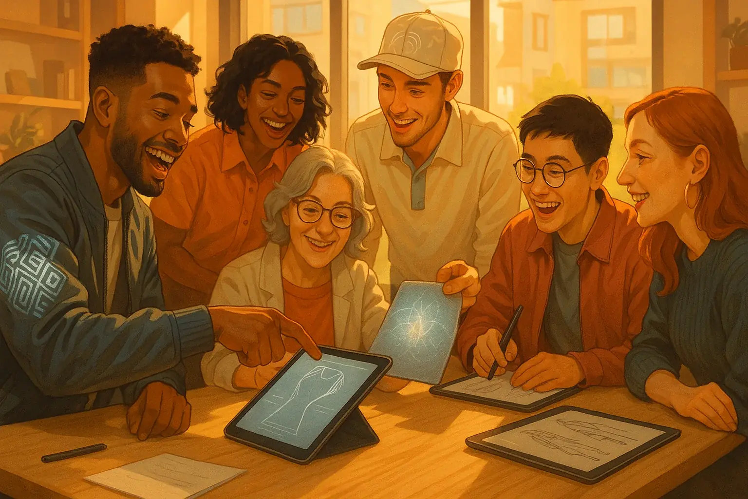 Smiling, diverse individuals connect, some wearing VibeWear, symbolizing a collaborative Vibe Tribe building the future.
