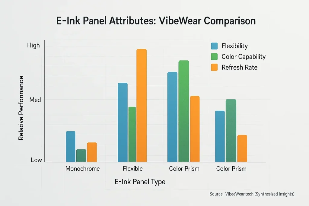 E-Ink bar chart: Flexible type leads in flexibility, Color Prism in color range, Monochrome in refresh speed for VibeWear.