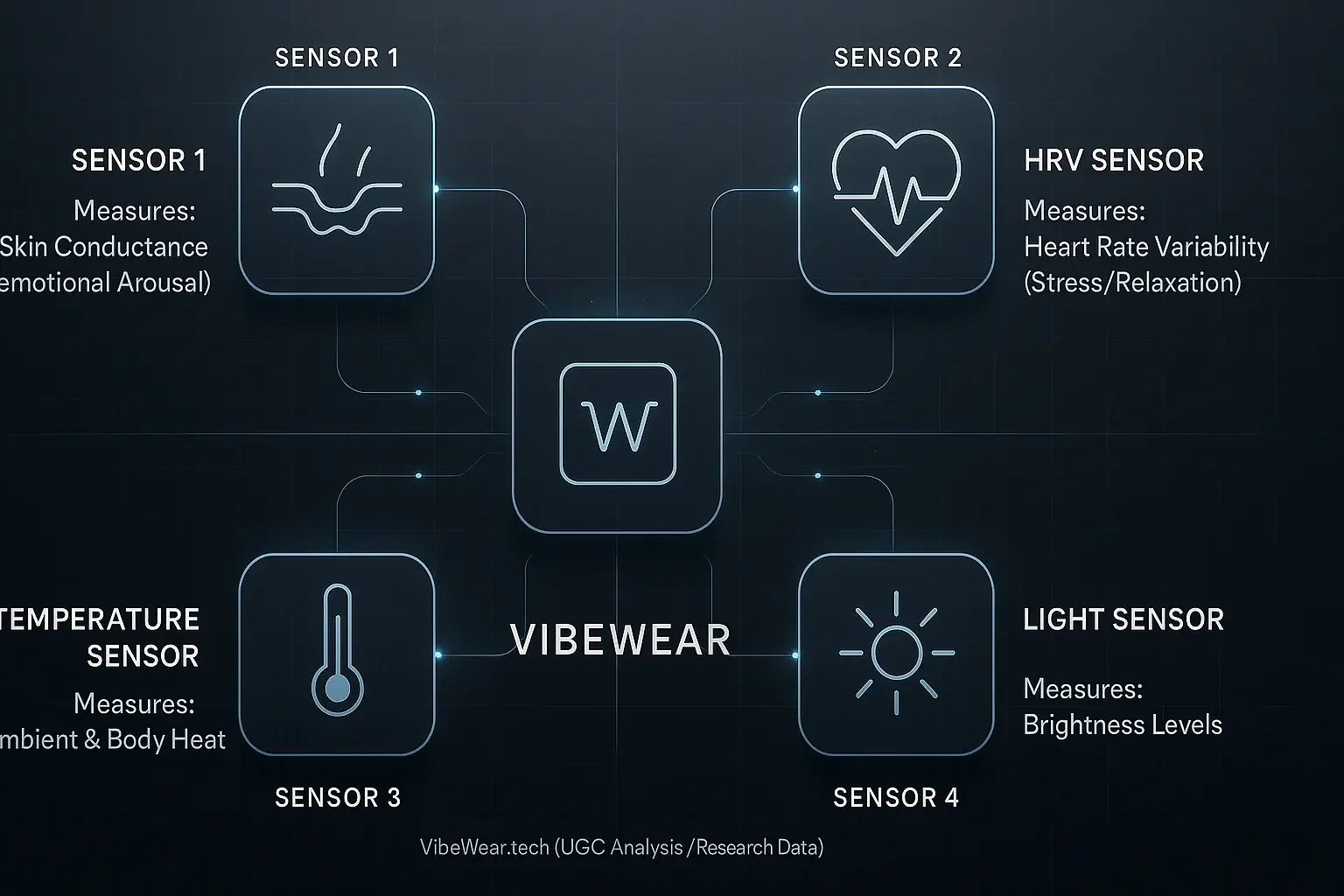 Infographic: VibeWear sensors - EDA (skin conductance), Heart Rate (BPM), Temperature (body), Light (ambient) for a &#x27;sixth