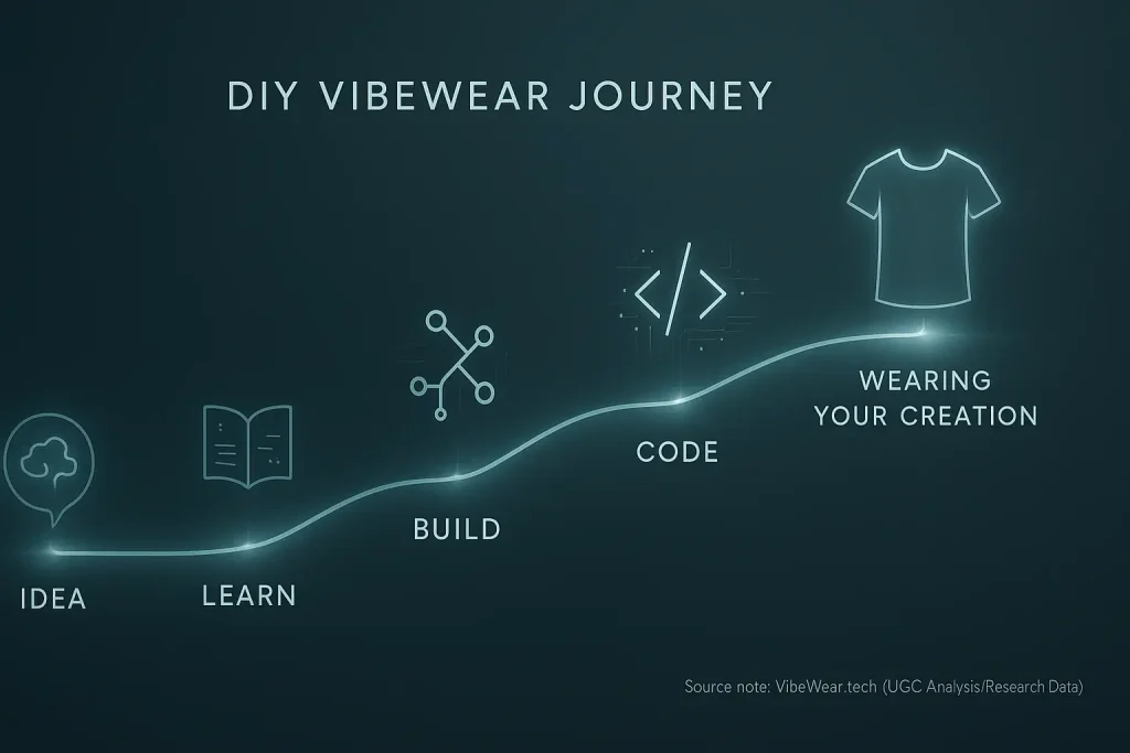 Futuristic VibeWear project map: Idea to Wearing Your Creation. Shows Learn, Build, Code, Wear steps with icons to start.
