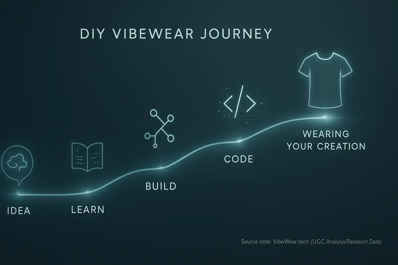 Futuristic VibeWear project map: Idea to Wearing Your Creation. Shows Learn, Build, Code, Wear steps with icons to start.