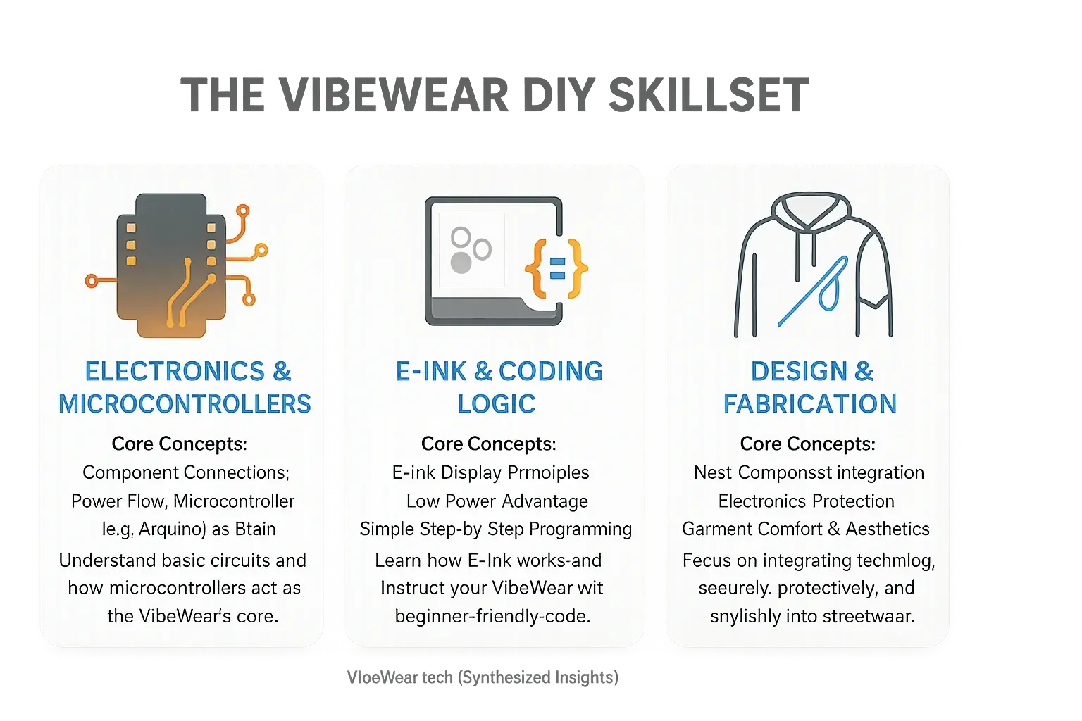 Core DIY VibeWear skills—Electronics, Coding, Design/Fabrication—broken down with icons and simple concepts.