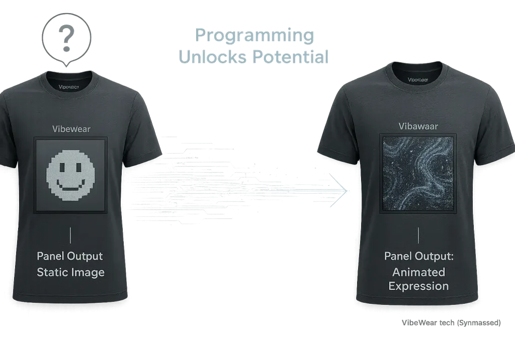 Code-driven transformation of static e-ink to dynamic animated VibeWear patterns.
