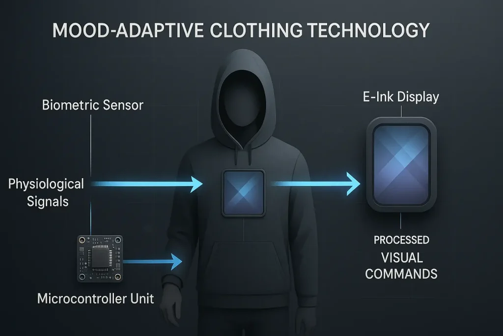 VibeWear's conceptual flow: Sensor to Microcontroller to E-Ink display on smart clothing, enabling its features.