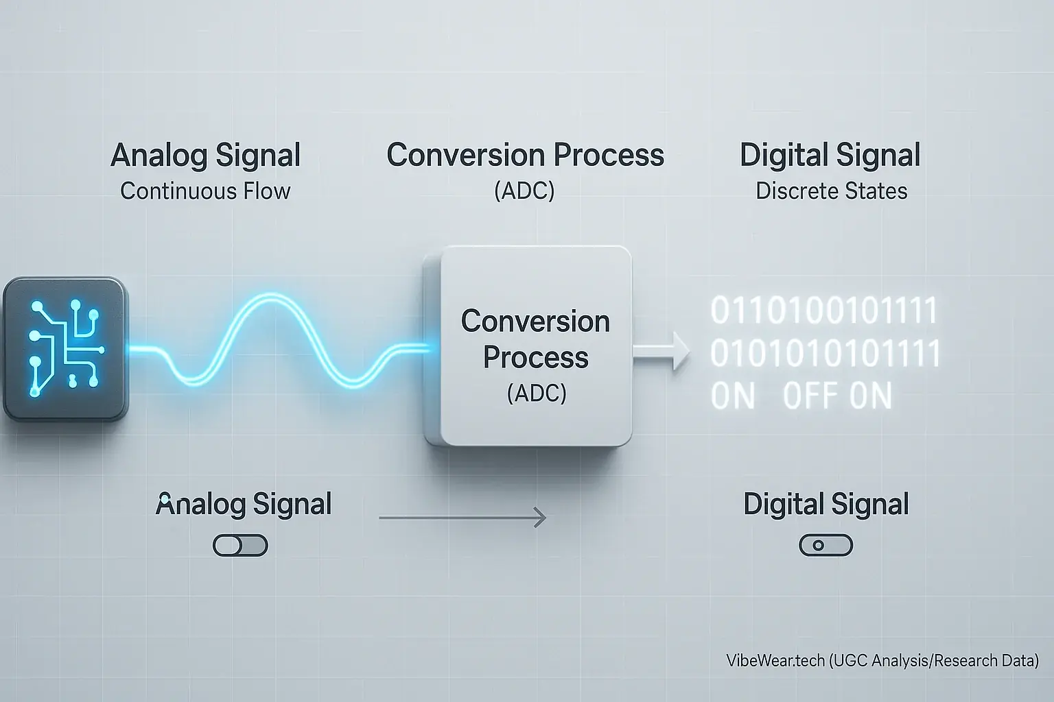 Simplified sensor&#x27;s fluctuating analog signal, shown as a line graph, is converted to digital 0s and 1s.