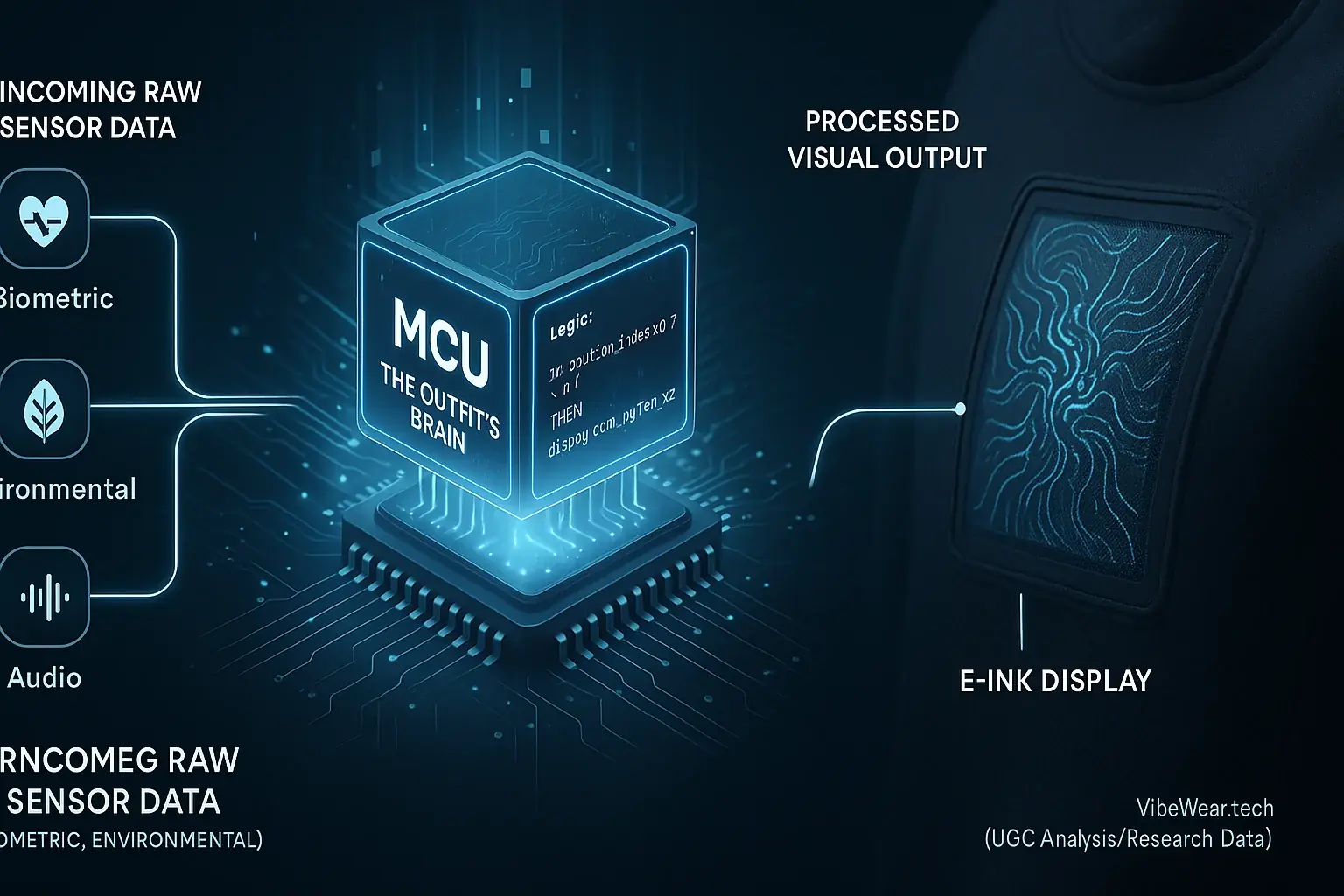 Simplified central microcontroller, the outfit&#x27;s brain, processes sensor data to E-Ink display outputs via flow arrows.