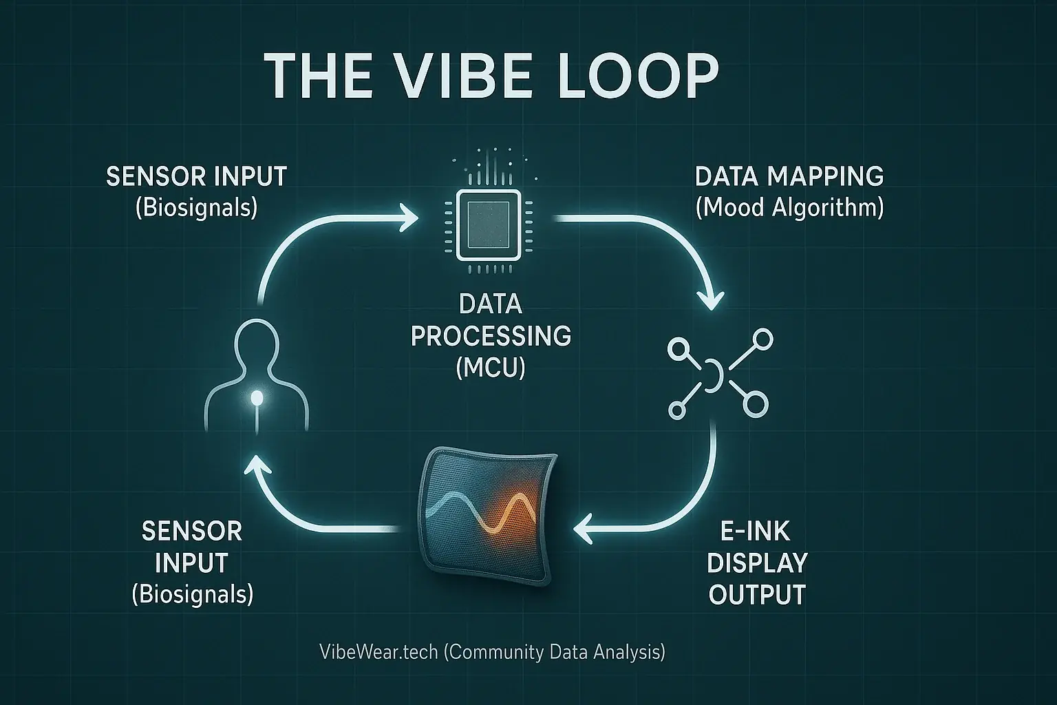 Vibe Loop flowchart: Sensor data flows to MCU, maps to E-Ink display, then cycles, showing mood transforming into dynamic