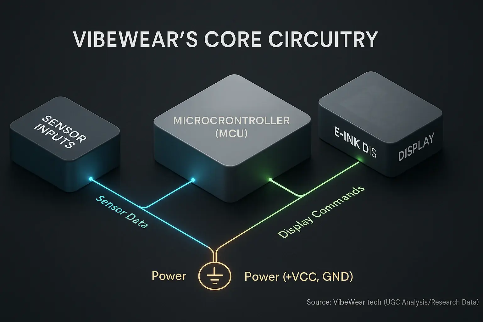 Basic VibeWear circuitry: Sensor, Microcontroller, E-Ink Display blocks connected by lines showing data/power flow.