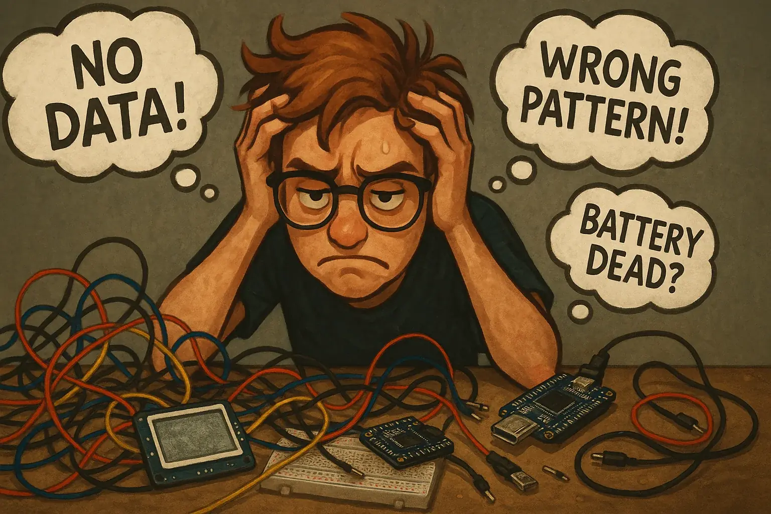 DIY maker&#x27;s interfacing frustration: tangled wires, blank E-Ink, thought bubbles with &#x27;No data!&#x27;, &#x27;Wrong pattern!&#x27;.