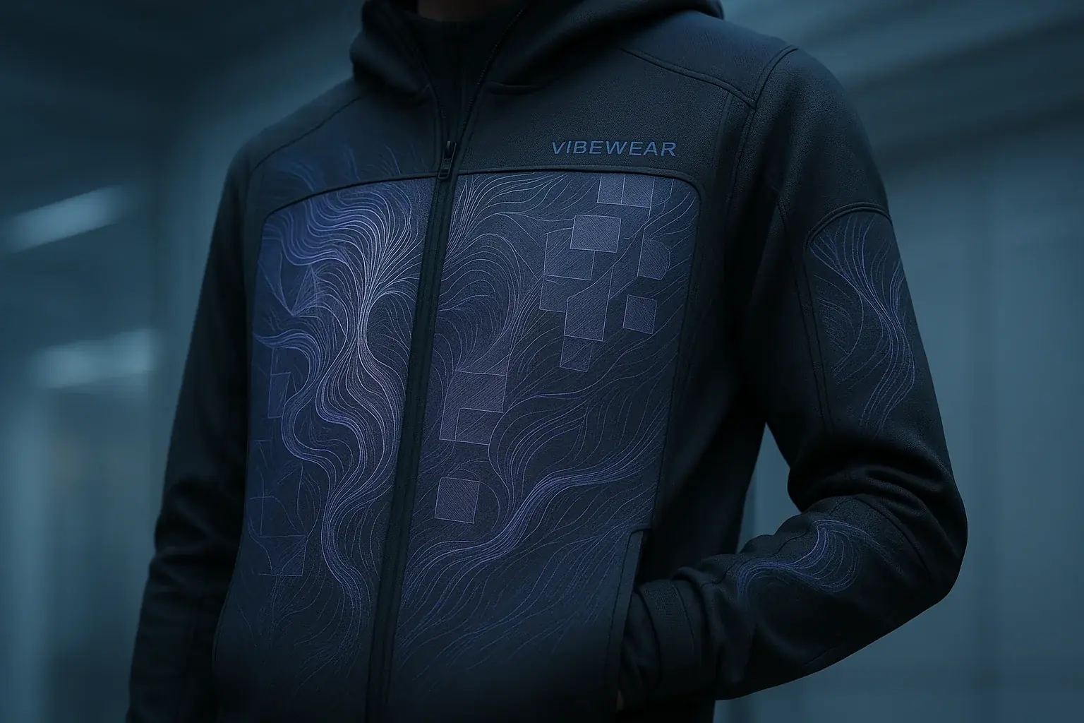 Futuristic VibeWear: complex E-Ink patterns interpret sensor data for nuanced analytical insights.