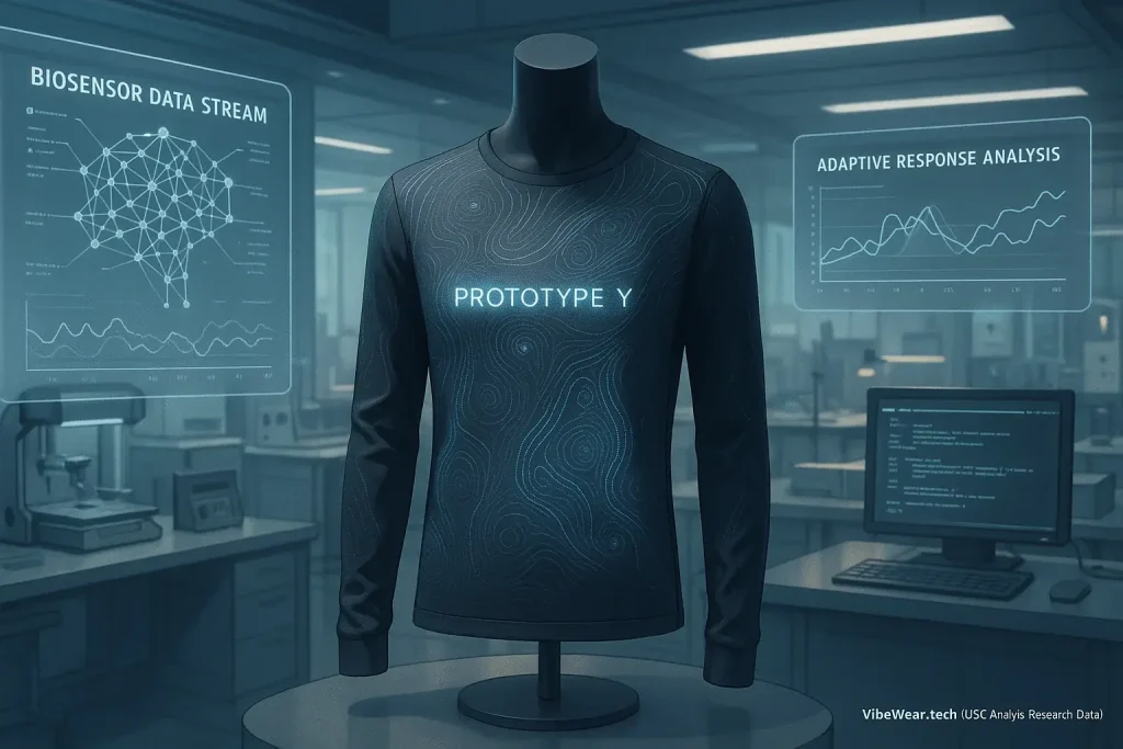 Futuristic lab: glowing e-ink garment on mannequin, VibeWear's journey from academic prototype to stylish wearable tech.