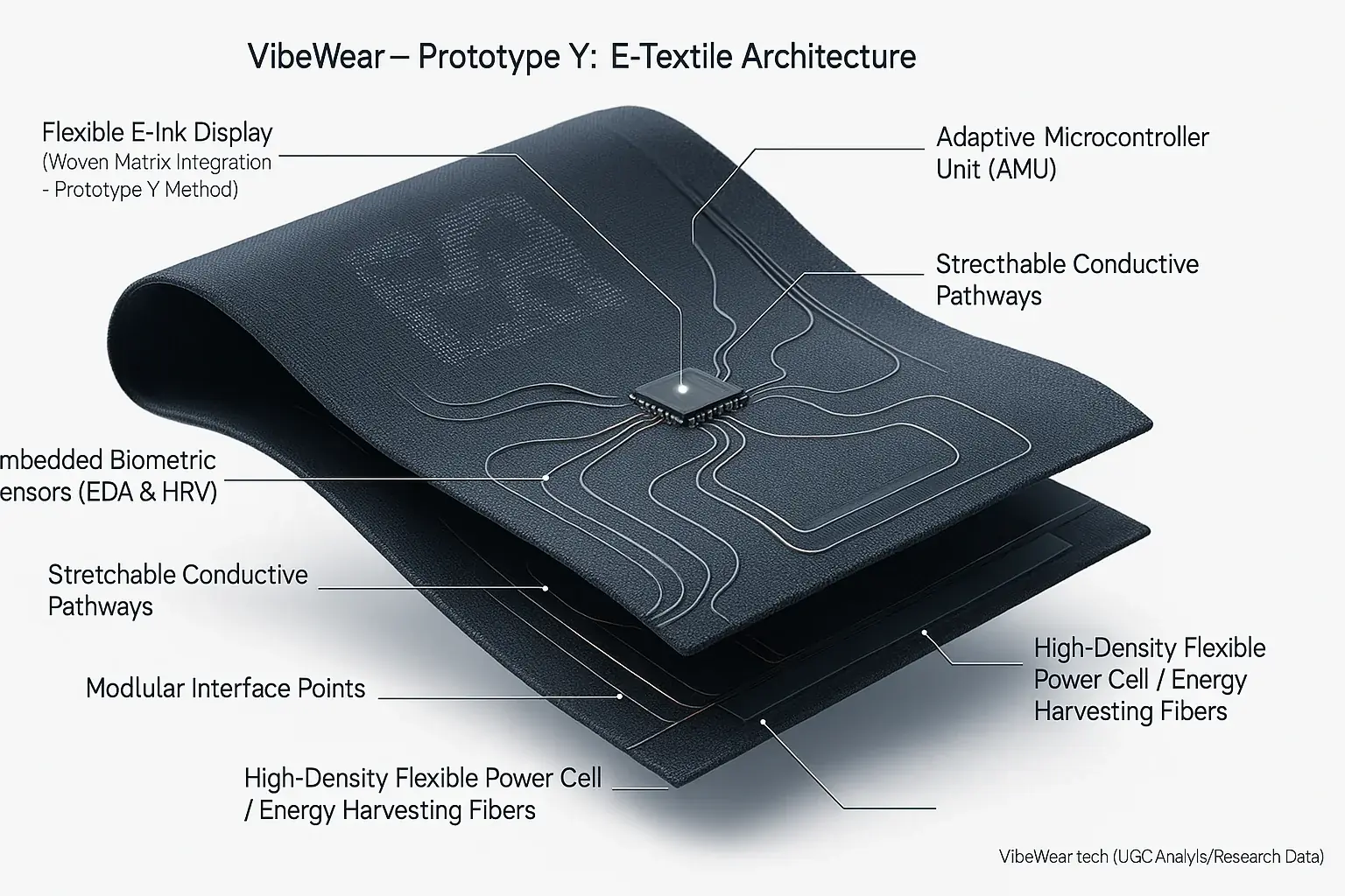 Core innovation: How Prototype Y seamlessly integrates E-Ink, biometric sensors, MCU, power into mood-adaptive fabric.