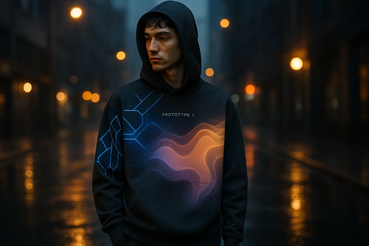 Prototype Y e-ink garment on model: subtle, glowing patterns shift, demonstrating its dynamic aesthetic & interactive design.