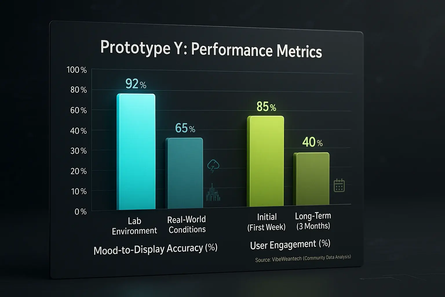 Bar chart: Prototype Y mood accuracy drops (95% lab to 60% real); engagement drops (85% initial to 40% long-term).