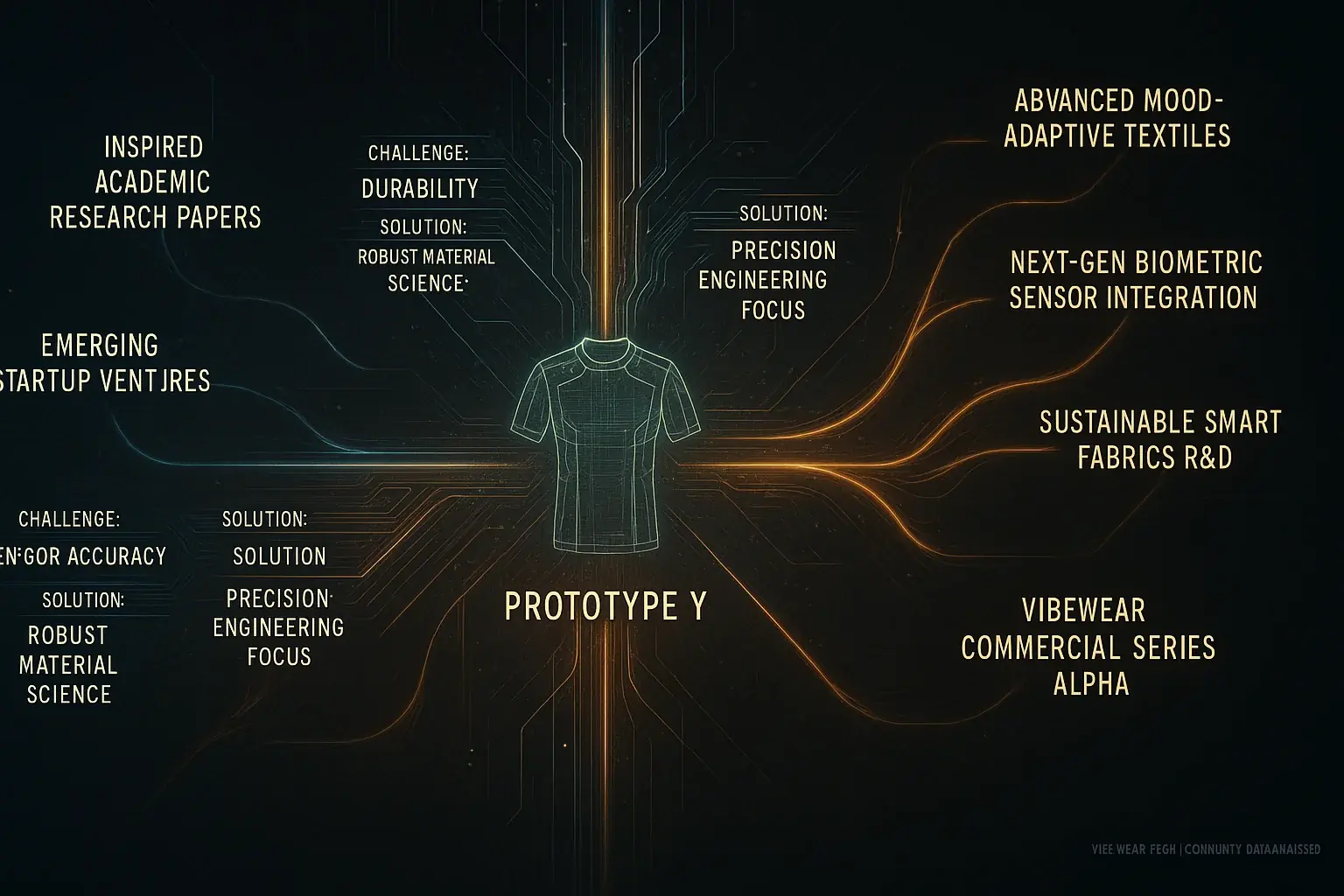 Timeline of innovation: Central Prototype Y's influence radiates via glowing, branching paths to future VibeWear tech.